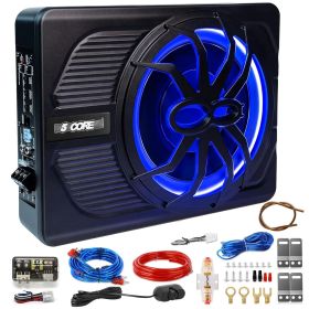 5 CORE 10 inch Slim Under Seat Car Audio Subwoofer 800W Active Powered Under-Seat Built in Amplifier Truck Sub Woofer in Enclosure Box Blue Ambient LE