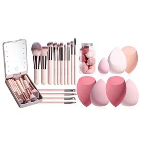 BS-MALL Travel Makeup Brush Set Foundation Powder Concealers Eye Shadows Makeup Set with LED light Mirror 14 Pcs Mini Makeup Brushes (APINK)with 5 spo