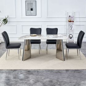 Table and chair set.63"x31.5x30" Luxurious Pandora patterned Sintered Stone Tabletop with Silver Stainless Steel Legs.Paried With 4 Black PU Chairs wi