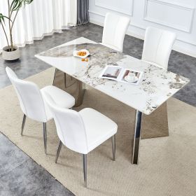 Table and chair set.63"x31.5x30" Luxurious Pandora patterned Sintered Stone Tabletop with Silver Stainless Steel Legs.Paried With 4 White PU Chairs wi