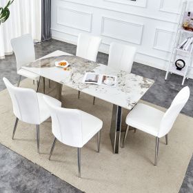 Table and chair set.63"x31.5x30" Luxurious Pandora patterned Sintered Stone Tabletop with Silver Stainless Steel Legs.Paried With 6 White PU Chairs wi