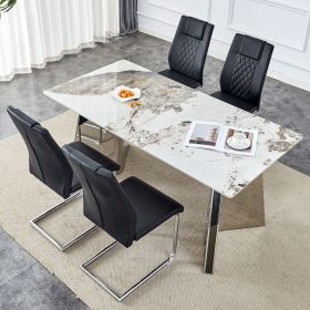 Table and chair set.63"x31.5x30" Luxurious Pandora patterned Sintered Stone Tabletop with Silver Stainless Steel Butterfly Legs.Paried With 4 Black Hi