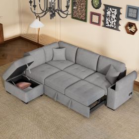 Sleeper Sectional Sofa, L-Shape Corner Couch Sofa-Bed with Storage Ottoman & Hidden Arm Storage & USB Charge for Living Room Apartment (Material: Velvet, Color: GRAY)